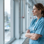 an introspective nurse standing in a quiet hospital hallway, gazing out of a large window